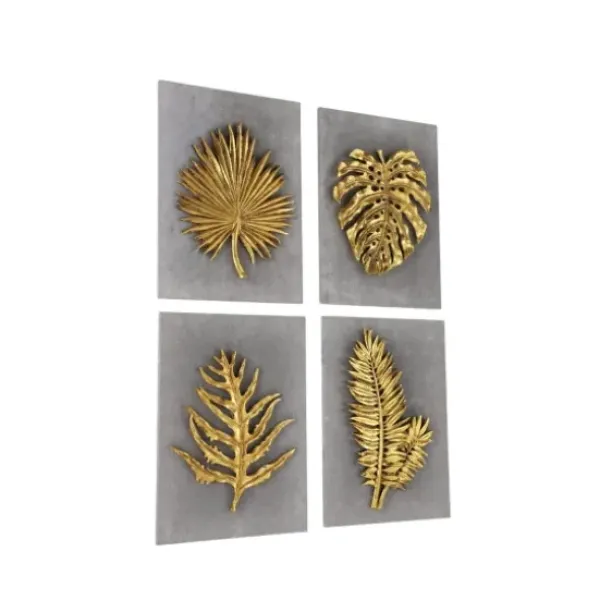 Wall Plaques-Kirkland's Home Gold Leaves Cement Wall Plaques, Set Of 4 Gold/Gray