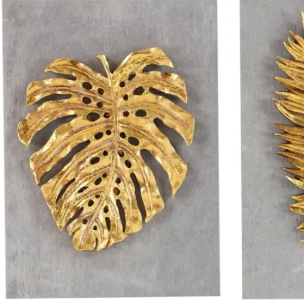Wall Plaques-Kirkland's Home Gold Leaves Cement Wall Plaques, Set Of 4 Gold/Gray