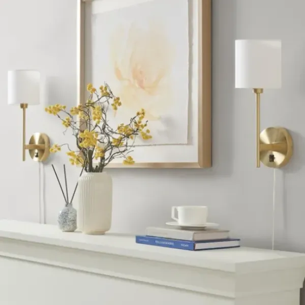 Sconces-Kirkland's Home Gold Metal & White Shade Wall Sconces, Set Of 2
