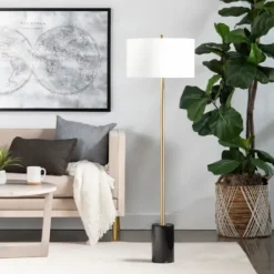 Floor Lamps-Kirkland's Home Gold Metal And Black Marble Base Floor Lamp White