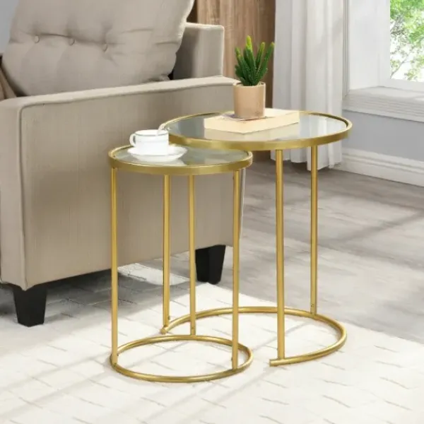 Accent & End Tables-Kirkland's Home Gold Metal And Glass Nesting 2-Pc Accent Table Set