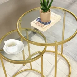 Accent & End Tables-Kirkland's Home Gold Metal And Glass Nesting 2-Pc Accent Table Set