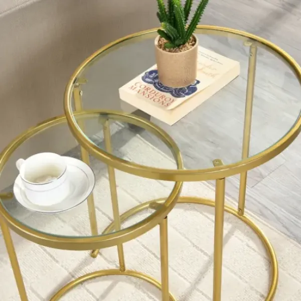Accent & End Tables-Kirkland's Home Gold Metal And Glass Nesting 2-Pc Accent Table Set