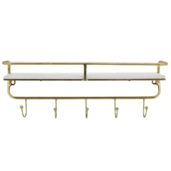 Hooks-Kirkland's Home Gold Metal And White Wood Wall Shelf With Hooks