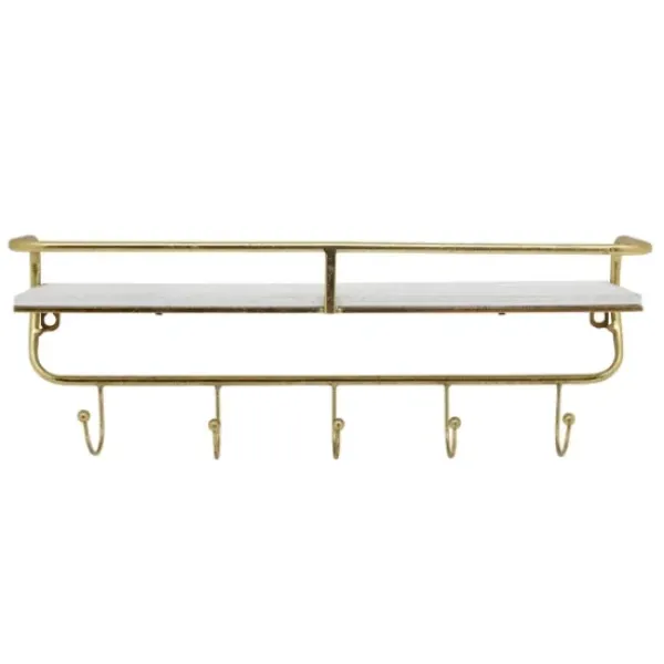 Hooks-Kirkland's Home Gold Metal And White Wood Wall Shelf With Hooks