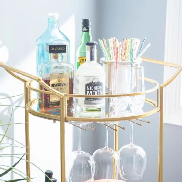 Kitchen Islands & Bar Carts-Kirkland's Home Gold Metal Frame Bar Cart With Mirrored Shelves