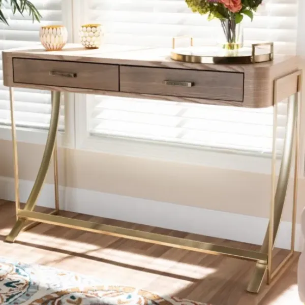Console Tables-Kirkland's Home Gold Metal Frame Two-Drawer Console Table