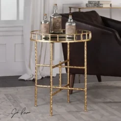 Accent & End Tables-Kirkland's Home Gold Metal Mirrored Tray Accent Table