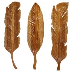 Wall Plaques-Kirkland's Home Gold Teak Carved Feather Wall Plaques, Set Of 3 Brown