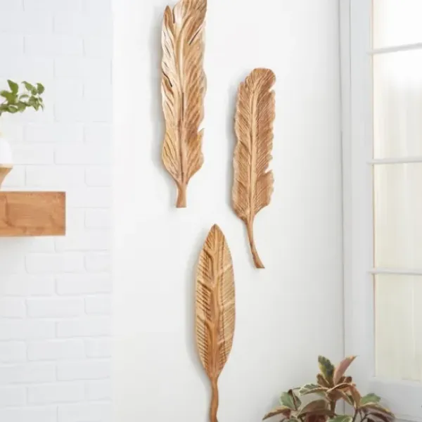 Wall Plaques-Kirkland's Home Gold Teak Carved Feather Wall Plaques, Set Of 3 Brown