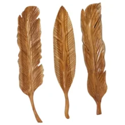 Wall Plaques-Kirkland's Home Gold Teak Carved Feather Wall Plaques, Set Of 3 Brown