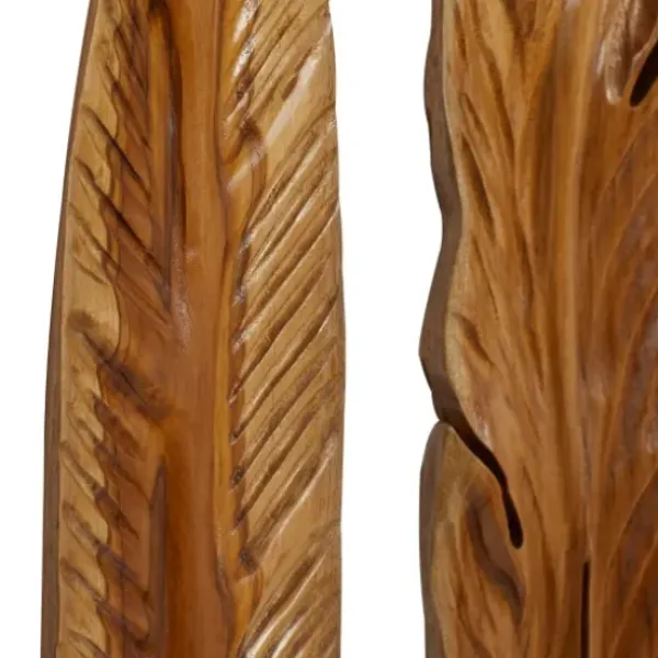 Wall Plaques-Kirkland's Home Gold Teak Carved Feather Wall Plaques, Set Of 3 Brown