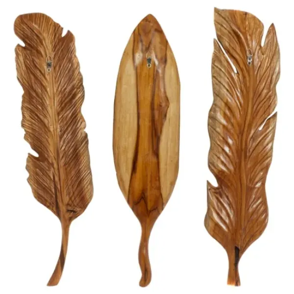 Wall Plaques-Kirkland's Home Gold Teak Carved Feather Wall Plaques, Set Of 3 Brown
