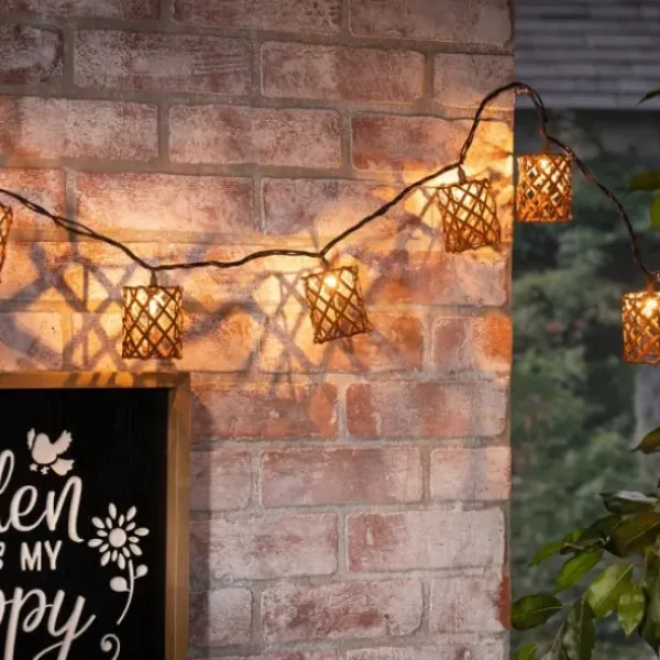 Outdoor Lighting-Kirkland's Home Golden Brown Rattan Weave Outdoor String Lights Brown/Black