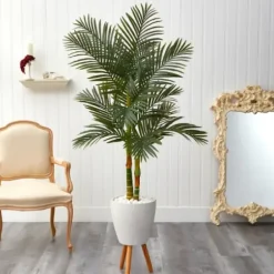 Trees & Topiaries-Kirkland's Home Golden Cane Palm With White Planter, 5.5 Ft.