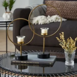 Candle Holders-Kirkland's Home Golden Halo 2-Pc. Candle Holder Set Gold/Black