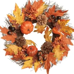 Wreaths-Kirkland's Home Golden Maple Pumpkins Harvest Wreath Orange/Red/Brown