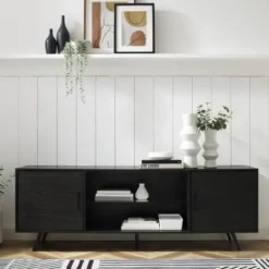 Tv Stands & Media Consoles-Kirkland's Home Graphite 2-Door Glass Shelf Media Cabinet Black