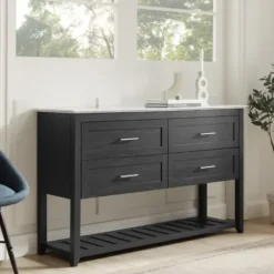 Cabinets & Sideboards-Kirkland's Home Graphite Wood Storage Buffet With Faux Marble Top Gray/White