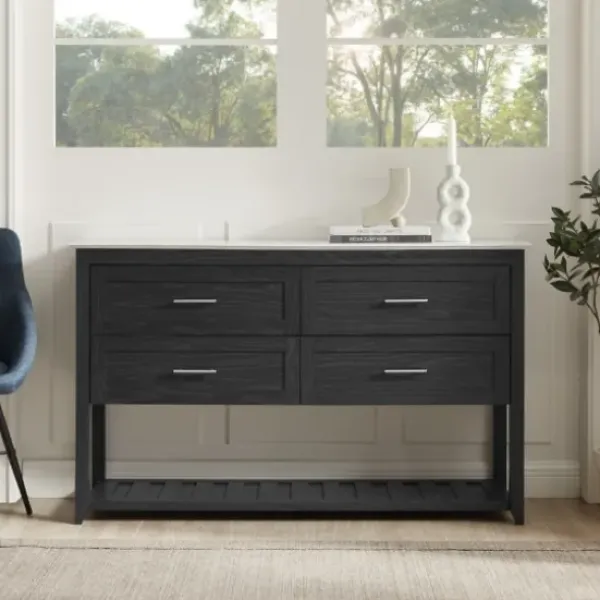 Cabinets & Sideboards-Kirkland's Home Graphite Wood Storage Buffet With Faux Marble Top Gray/White