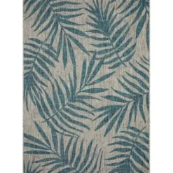 Outdoor Rugs-Kirkland's Home Gray And Aqua Palm Leaves Outdoor Area Rug, 7X10 Gray/Blue