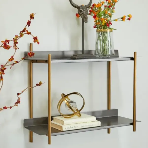 Shelves-Kirkland's Home Gray And Brass Metal Wall Shelf