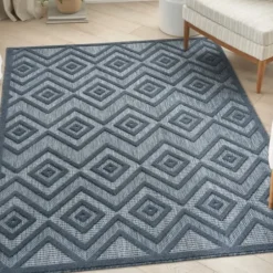Outdoor Rugs-Kirkland's Home Gray And Navy Falling Ferns Outdoor Area Rug, 5X7 Gray/Blue