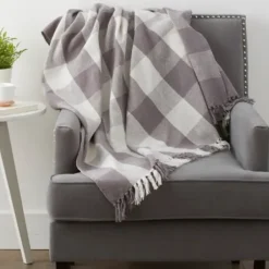 Blankets & Throws-Kirkland's Home Gray And White Buffalo Check Woven Fringe Throw Gray/White
