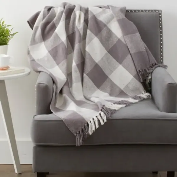 Blankets & Throws-Kirkland's Home Gray And White Buffalo Check Woven Fringe Throw Gray/White