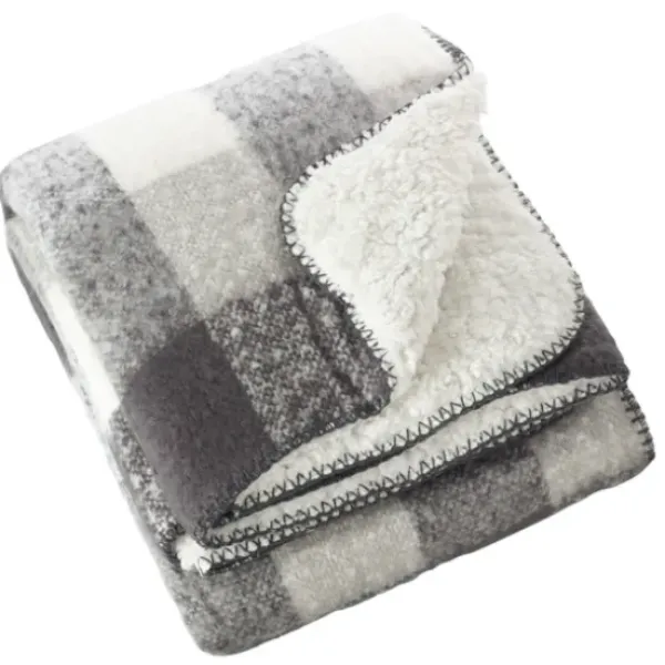 Blankets & Throws-Kirkland's Home Gray And White Plaid Faux Mohair Sherpa Throw Gray/White