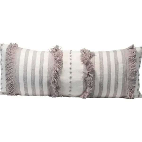 Pillows-Kirkland's Home Gray And White Striped Fringe Lumbar Pillow Gray/White