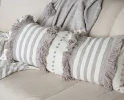 Pillows-Kirkland's Home Gray And White Striped Fringe Lumbar Pillow Gray/White