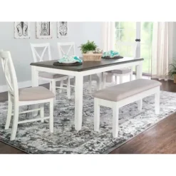 Dining Sets-Kirkland's Home Gray And White Upholstered Wood 6-Pc. Dining Set Gray/White