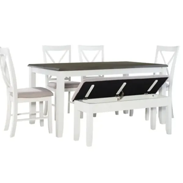 Dining Sets-Kirkland's Home Gray And White Upholstered Wood 6-Pc. Dining Set Gray/White