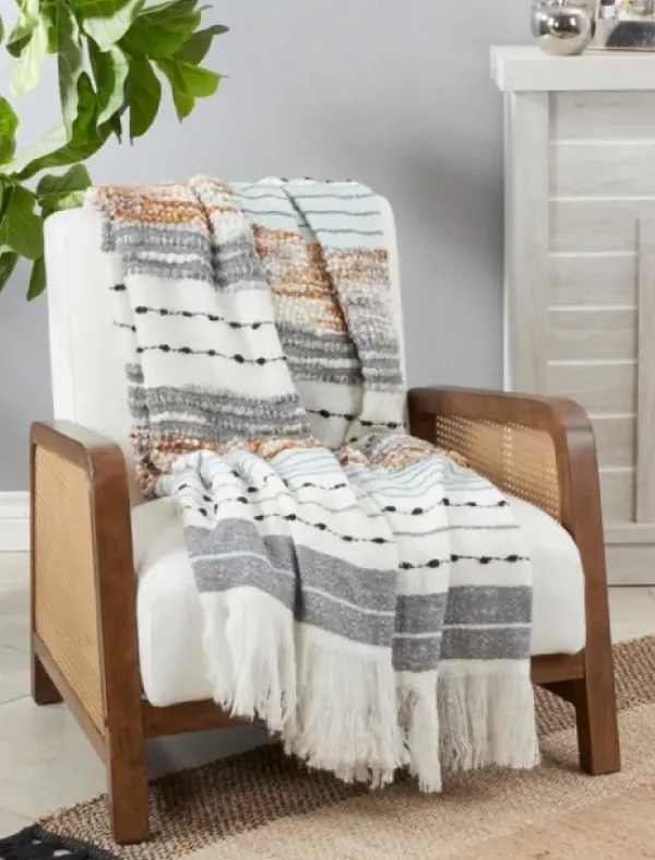 Blankets & Throws-Kirkland's Home Gray Blue Multi Stripe Throw Blanket White