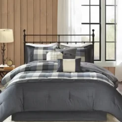Comforters-Kirkland's Home Gray Buffalo Herringbone Queen 7-Pc. Comforter Set Gray/White/Blue