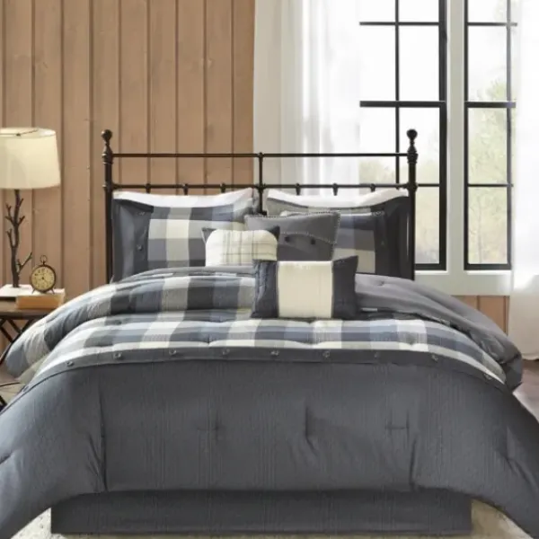 Comforters-Kirkland's Home Gray Buffalo Herringbone Queen 7-Pc. Comforter Set Gray/White/Blue