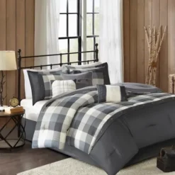 Comforters-Kirkland's Home Gray Buffalo Herringbone Queen 7-Pc. Comforter Set Gray/White/Blue