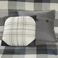 Comforters-Kirkland's Home Gray Buffalo Herringbone Queen 7-Pc. Comforter Set Gray/White/Blue