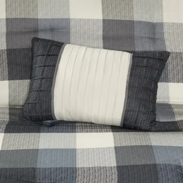 Comforters-Kirkland's Home Gray Buffalo Herringbone Queen 7-Pc. Comforter Set Gray/White/Blue