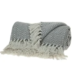 Blankets & Throws-Kirkland's Home Gray Chevron Cotton Handloomed Tassel Throw Gray/White