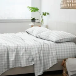 Bed Sheets-Kirkland's Home Gray Country Plaid 4-Pc. California King Sheet Set Gray/White