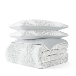 Quilts-Kirkland's Home Gray Damask Reversible 3-Pc. Queen Quilt Set Gray/White