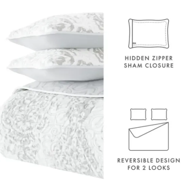 Quilts-Kirkland's Home Gray Damask Reversible 3-Pc. Queen Quilt Set Gray/White