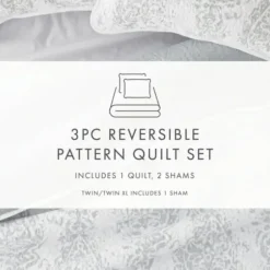 Quilts-Kirkland's Home Gray Damask Reversible 3-Pc. Queen Quilt Set Gray/White
