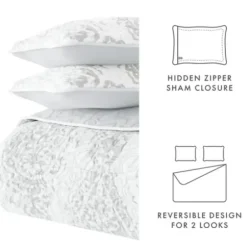 Quilts-Kirkland's Home Gray Damask Reversible 3-Pc. King Quilt Set Gray/White