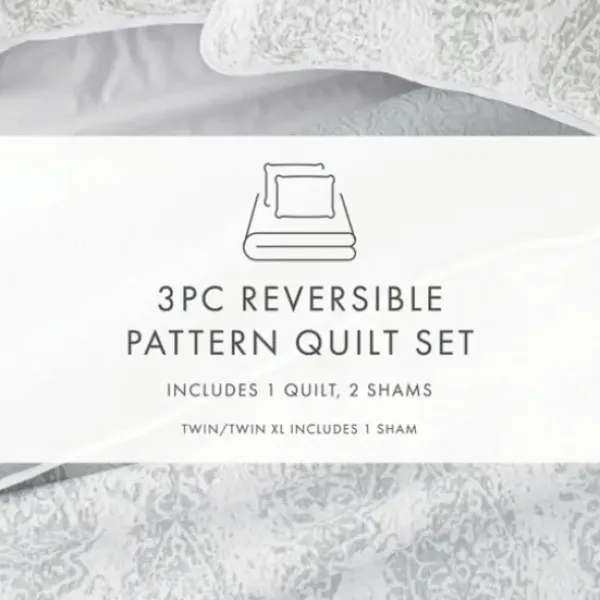 Quilts-Kirkland's Home Gray Damask Reversible 3-Pc. King Quilt Set Gray/White