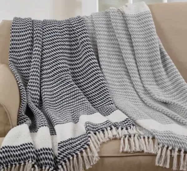 Blankets & Throws-Kirkland's Home Gray Diamond Weave Throw With Tassels Gray/White