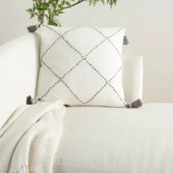 Pillows-Kirkland's Home Gray Dotted Braided Stripe Tassel Throw Pillow White/Gray
