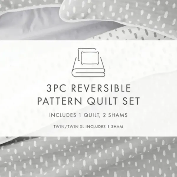 Quilts-Kirkland's Home Gray Dotted Reversible 3-Pc. Queen Quilt Set Gray/White